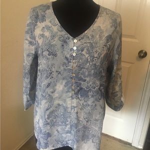 Soft Surroundings Sardinia Top, blue, 3/4 sleeve, size PM, 100% Tencel.